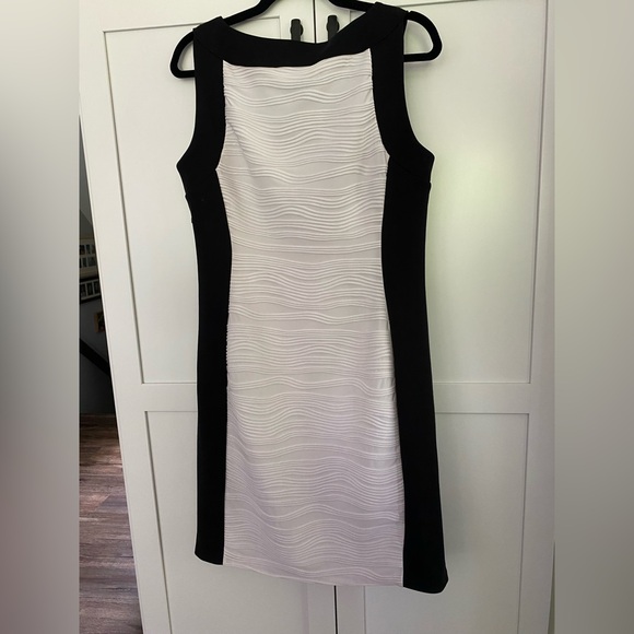 Calvin Klein Black and White Pleated Sheath Midi Dress - Picture 2 of 2